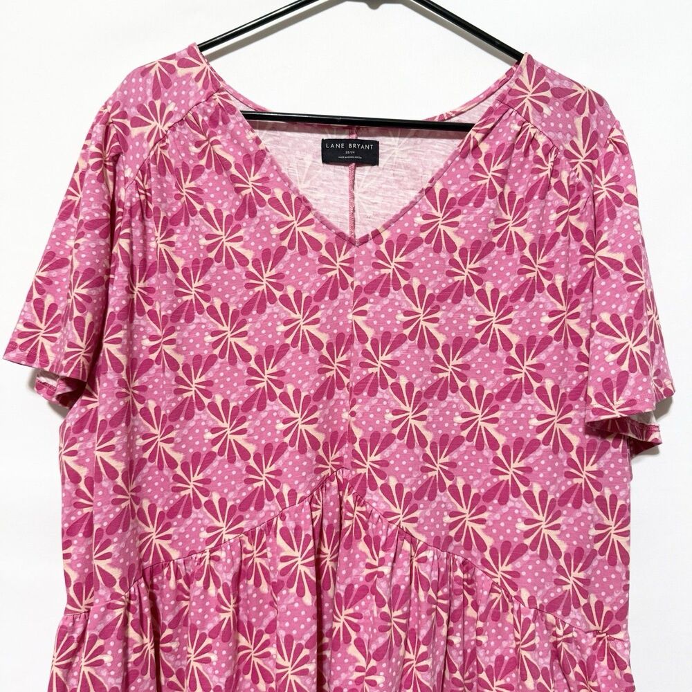 Lane Bryant 22/24 Swing V-Neck Tiered Dress Pink Short Sleeve Cotton Casual - Picture 4 of 12